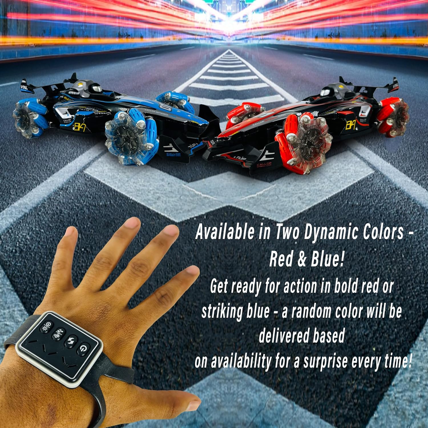 Gesture control racing car, blue and black 4WD high-speed RC drift car with omnidirectional wheels, hand sensor wrist remote, and traditional controller for kids and adults. www.usmile.toys